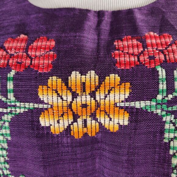 Vintage 60s Embroidered Sharkskin Shift Dress Size L Cap Sleeve Purple Mexican - Picture 11 of 16